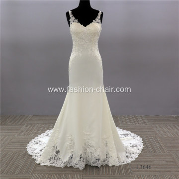 Customized simple style embroidery long train white wedding bridal gowns